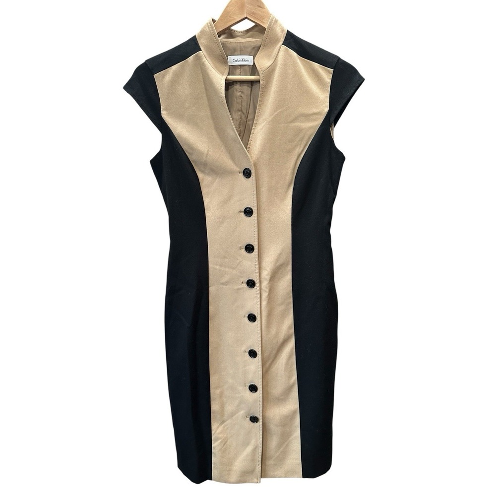 Calvin Klein Taupe Black Colorblock Sheath Shirt Dress Office Cocktail Size 4 - Picture 1 of 8